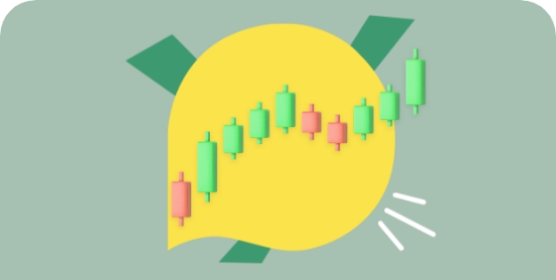 Grafica a sfondo verde mare, nel centro un una vignetta gialla con al suo interno un grafico a candele tipico del mercato finanziario. Un corso Credem per il mondo degli ETF e il mercato delle valute.