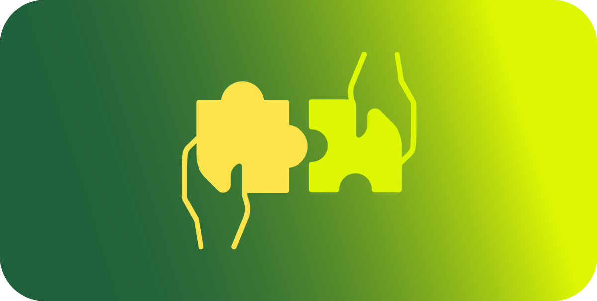 Sfondo verde scuro sfumato tendente giallo con al centro un’icona di due mani che fanno un puzzle, promuovendo servizi di consulenza gratuita di tipo previdenziale, fiscale e legale per i dipendenti Credem.