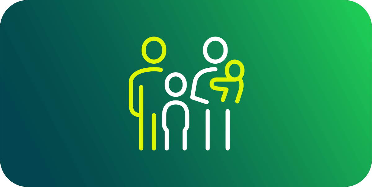 Sfondo blu scuro sfumato tendente al verde con al centro un’icona di una famiglia stilizzata, promuovendo supporti professionali per le neo mamme e i neo papà.