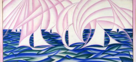 Un quadro astratto composto unicamente da mezzelune rosa, blu e verdi esprime progetto nato per valorizzare i beni artistici del Gruppo Credem
